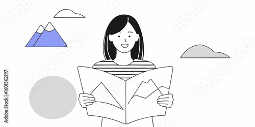 Joyful woman planning adventure, holding a map with mountains and clouds, ready for exploration