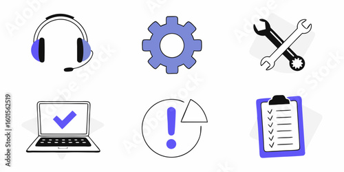 Modern icons representing customer support, technical service, and task management for business solutions
