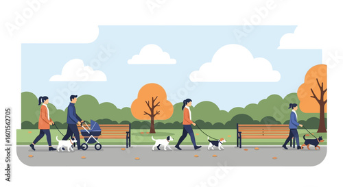 People walking dogs and pushing strollers in an autumn park.