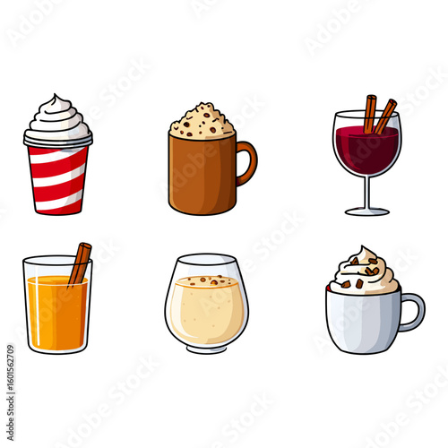 Assortment of Festive Winter Holiday Drinks Illustration Set