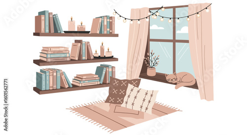 Cozy reading nook with bookshelves, window seat, and a cat.