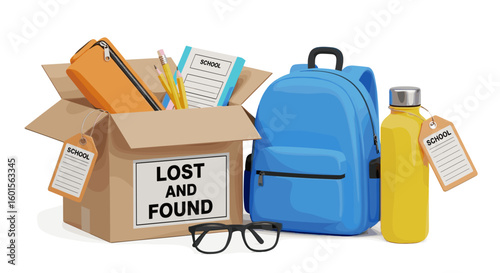 A lost and found box with school supplies like pencils, notebooks, a backpack and a water bottle displayed on transparent background