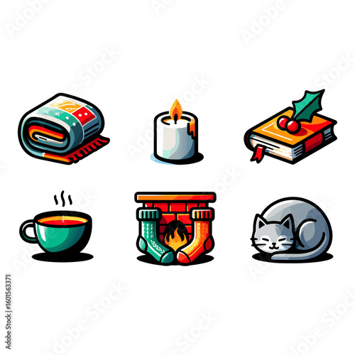 Cozy Winter and Hygge Lifestyle Comfort Items Icons Collection