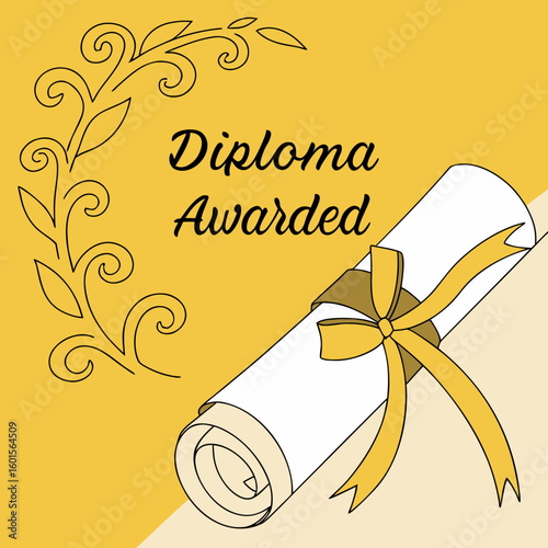 Diploma scroll with ribbon on yellow background in minimal design  