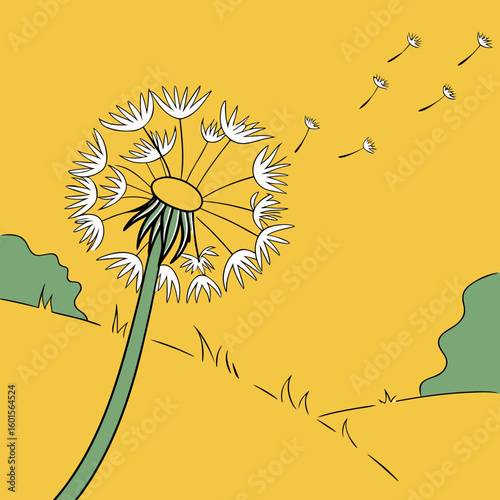Dandelion puff blowing in the wind against a yellow background  