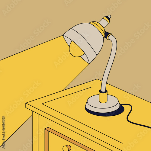 Desk lamp with yellow light illuminating a wooden surface  