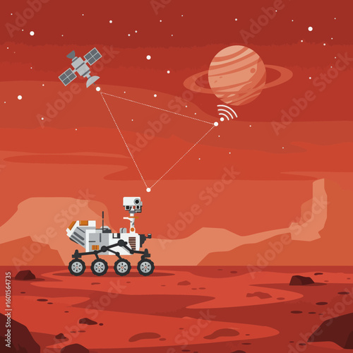 Mars rover explores alien planet sending data via satellite to distant ringed planet