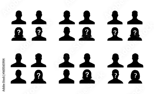 Silhouette Profile Avatars with Question Marks on White Background.
