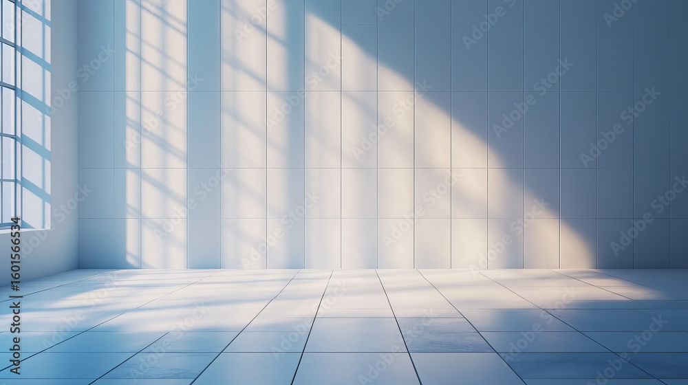 Fototapeta premium Empty, sunlit room with white walls and floor