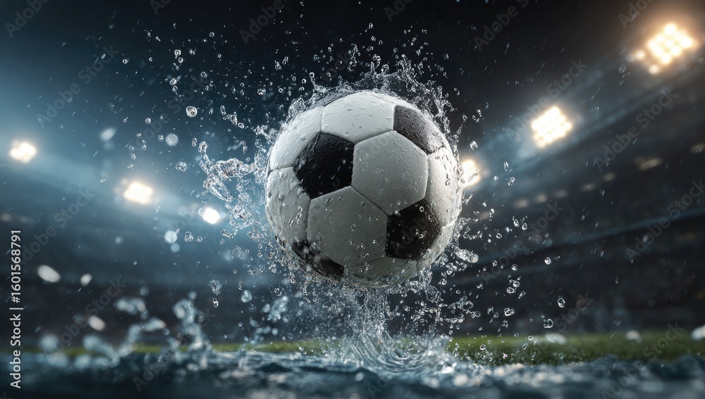 Naklejka premium A soccer ball, wet and splashing, ascends in a stadium, floodlights gleaming in the background