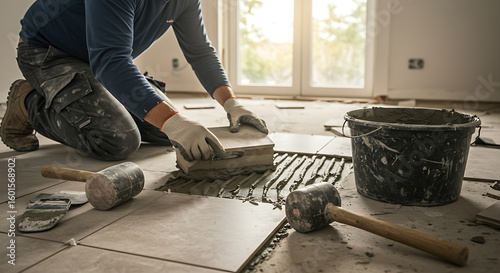 Professional tiler installing ceramic floor tiles during home renovation project, showcasing craftsmanship and home improvement