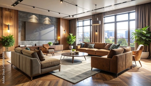 Living Room Interior with Sofas, Tv, and Plants