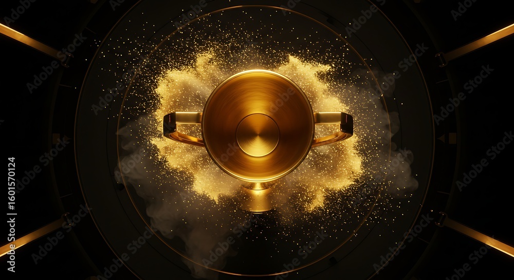 Golden Trophy Award with Glittering Particles and Luxurious Design for High Achievement and Business Success Celebration Golden Trophy Award with Glittering Particles and Luxurious Design for High Achievement and Business Success Celebration