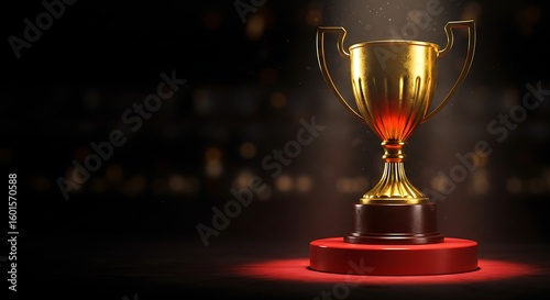 Golden trophy bathed in spotlight symbolizing victory achievement and success award ceremony celebration for champions and outstanding performance in competition