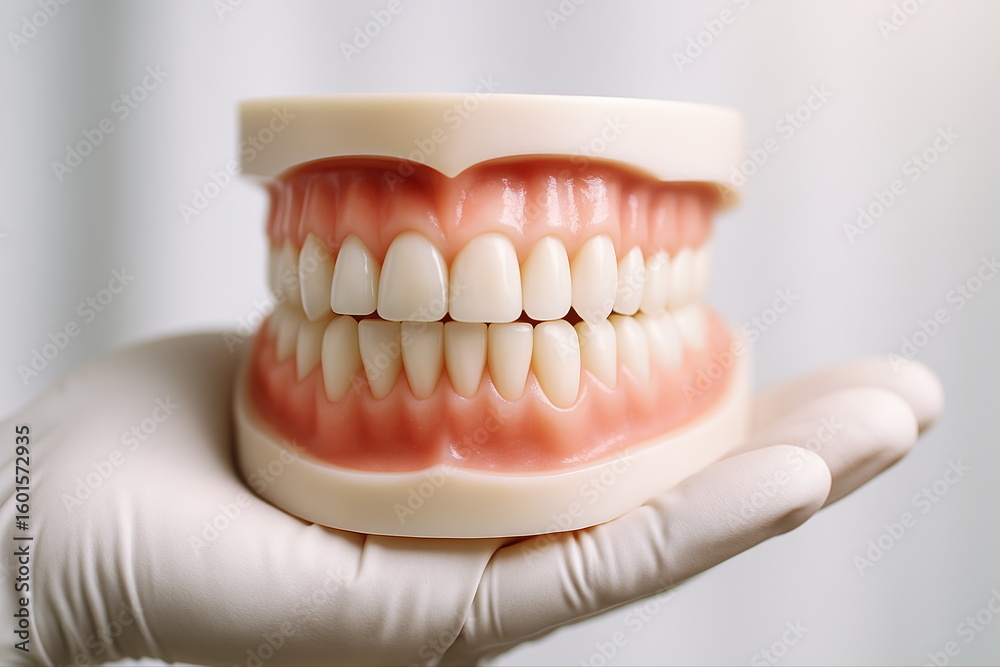 Obraz premium Detailed Display of Dental Mold Showing Human Teeth in a Dentist's Gloved Hand Under Clinical Lighting for Educational Purposes in Dental Healthcare Setting