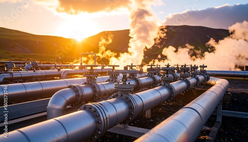 Industrial pipes and valves at sunset