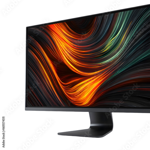 Modern computer monitor displaying a vibrant abstract digital art with flowing lines of orange yellow and green on a transparent background isolated on transparent background