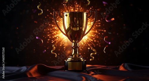 Golden Trophy Cup Symbolizing Victory Achievement and Celebration with Confetti Showering Down Representing Success in Competition
