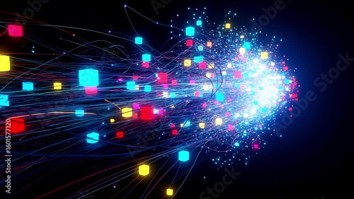 Neural Network Data Visualization A 3D-Rendered Digital System Showing Glowing Particles and Nodes Connected by Energy Streams