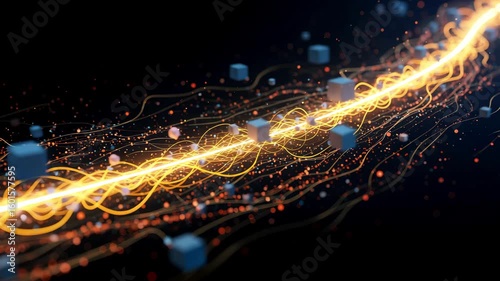 Neural Network Pathway: A Bright, Glowing Serpentine Line with Moving Energetic Particles and Cubes, Showing Data Communication in a Digital Landscape