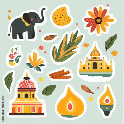 Colorful Indian-themed sticker elements with clean bold forms, great for bullet journaling, notebook decor or handmade planners