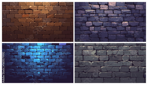 Cartoon brick wall pattern set. Building blocks texture, urban vector background