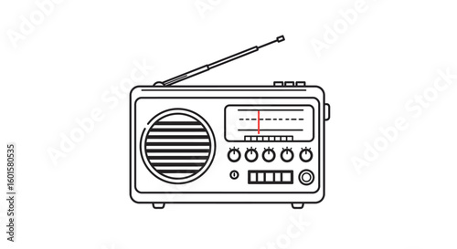 A simple black and white illustration of a classic portable radio receiver.