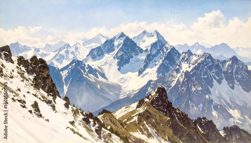 Fototapeta premium Panoramic mountain range, snow-capped peaks, and cloudy sky