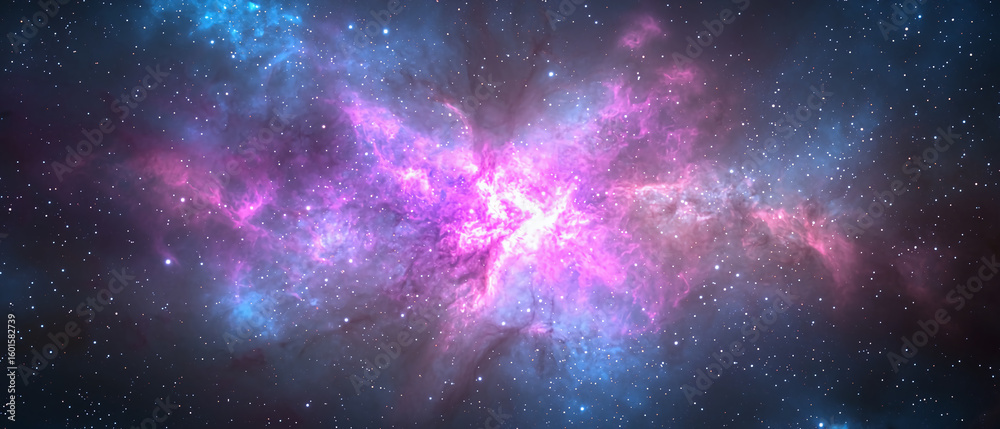 Fototapeta premium Vibrant pink and blue nebula with sparkling stars scattered across a vast cosmic space scene.