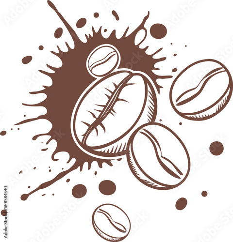 Sketched Coffee Beans with Liquid Splash. Hand Drawn Vector Illustration for Café, Coffee Shop Menu, or Logo Design.
