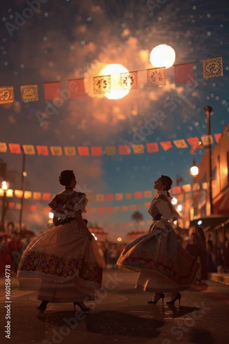Mexican Independence Day celebration featuring traditional costumes, fireworks, and papel picado in a lively town square at night