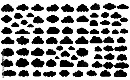 Black Cloud Silhouette Icon Set. Minimal Vector Collection for Weather.