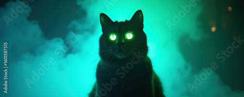 Black cat with glowing green eyes