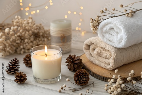 Elegant spa scene with burning candle, soft towels, and pine cones for a relaxing ambiance