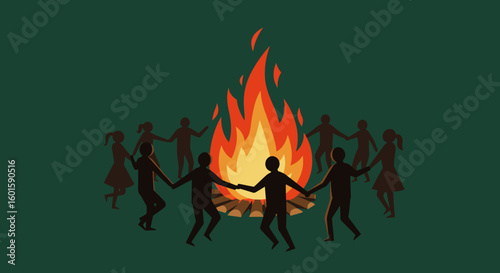 Silhouette of People Dancing Around a Bonfire at Night