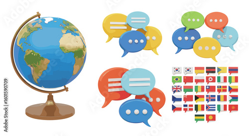 Globe on stand with colorful speech bubbles and an array of international flags on a white background on transparent background