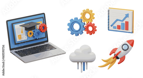Laptop with gears and graduation cap, cloud, rocket, and graph notebook in a 3d rendering style image on transparent background