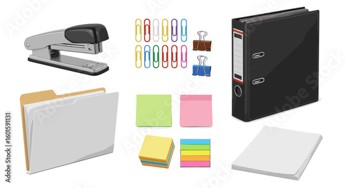 A collection of office supplies including a stapler, paper clips, binder clips, and a black binder folder on transparent background
