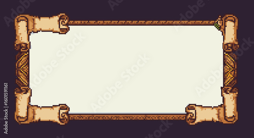 Pixelated old-world digital graphic element blank parchment scrolls and detailed wooden frame, ideal for retro game user interface, medieval announcements, or fantasy text boxes.