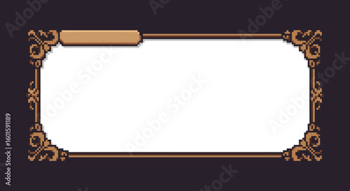 Elegant pixelated banner element with ornamental flourishes for interface design or game menus, adding a touch of sophistication and vintage charm.