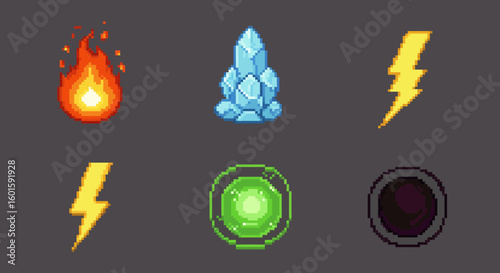 Pixel art elemental icons fire, ice, lightning, energy, void symbols. Retro 8-bit game assets for digital design, power-up graphics, and creative projects.