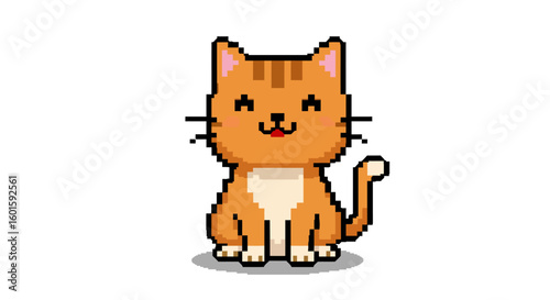 Cute pixel art ginger cat character smiling. 8-bit retro video game style feline mascot isolated on white background.