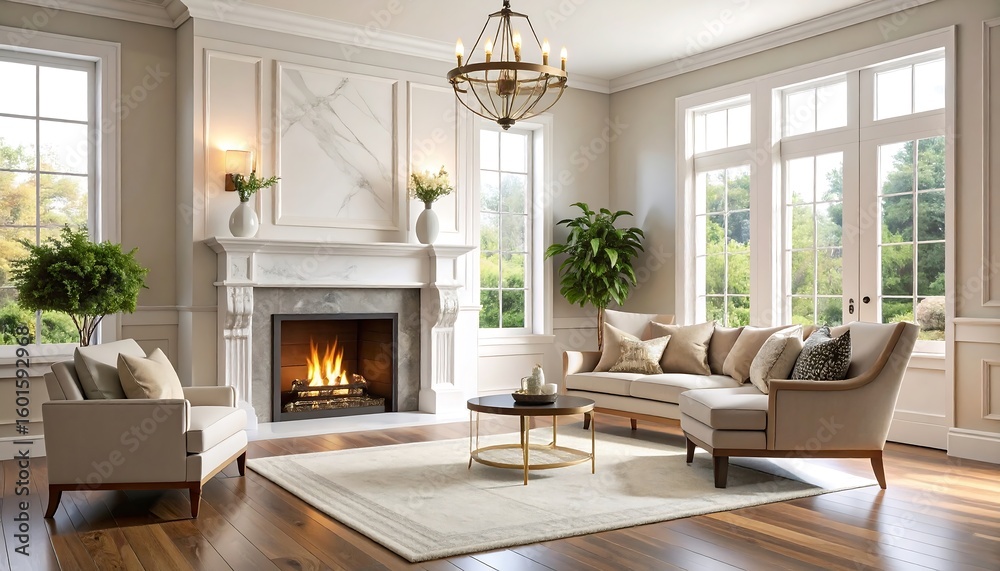 Fototapeta premium Living Room with Fireplace Interior Design and Natural Light