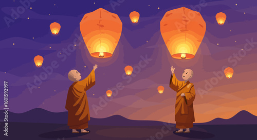 Celestial Release Monks and Lanterns at Dusk