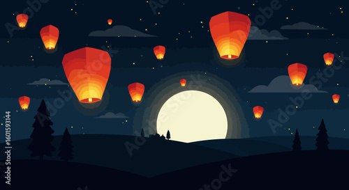 Evening Sky Lanterns A Nighttime Illustration of Floating Lights and Celestial Beauty