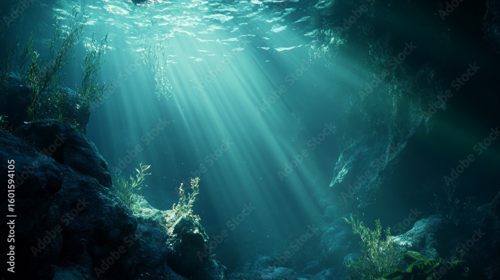 Fototapeta premium Sunlit coral reef underwater scene. AI image