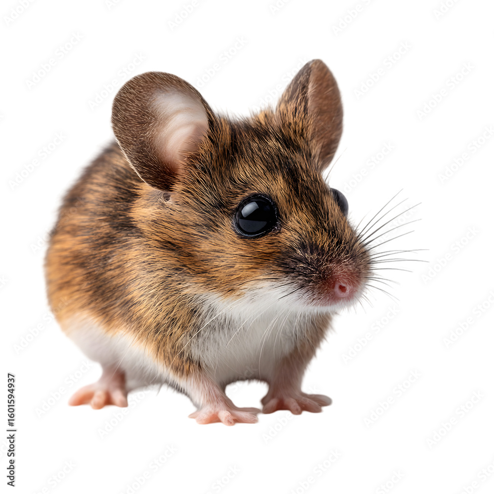 A detailed close up of a small brown and white field mouse with large black eyes and prominent whiskers isolated on transparent background A detailed close up of a small brown and white field mouse with large black eyes and prominent whiskers isolated on transparent background