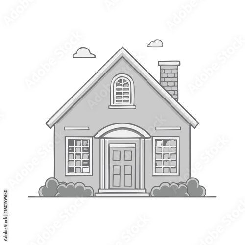 Charming gray house with manicured bushes and chimney in vector illustration
