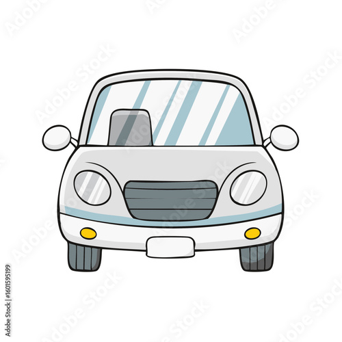 Front View of a Silver Car Illustration with Shaded Windows Headlights and a Grill, Car Graphic Design