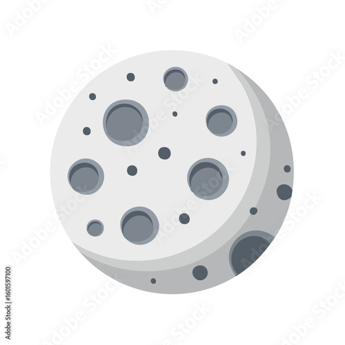 Stylized moon illustration with craters, celestial body in a cartoon style, satellite planet with impact basin, simple design